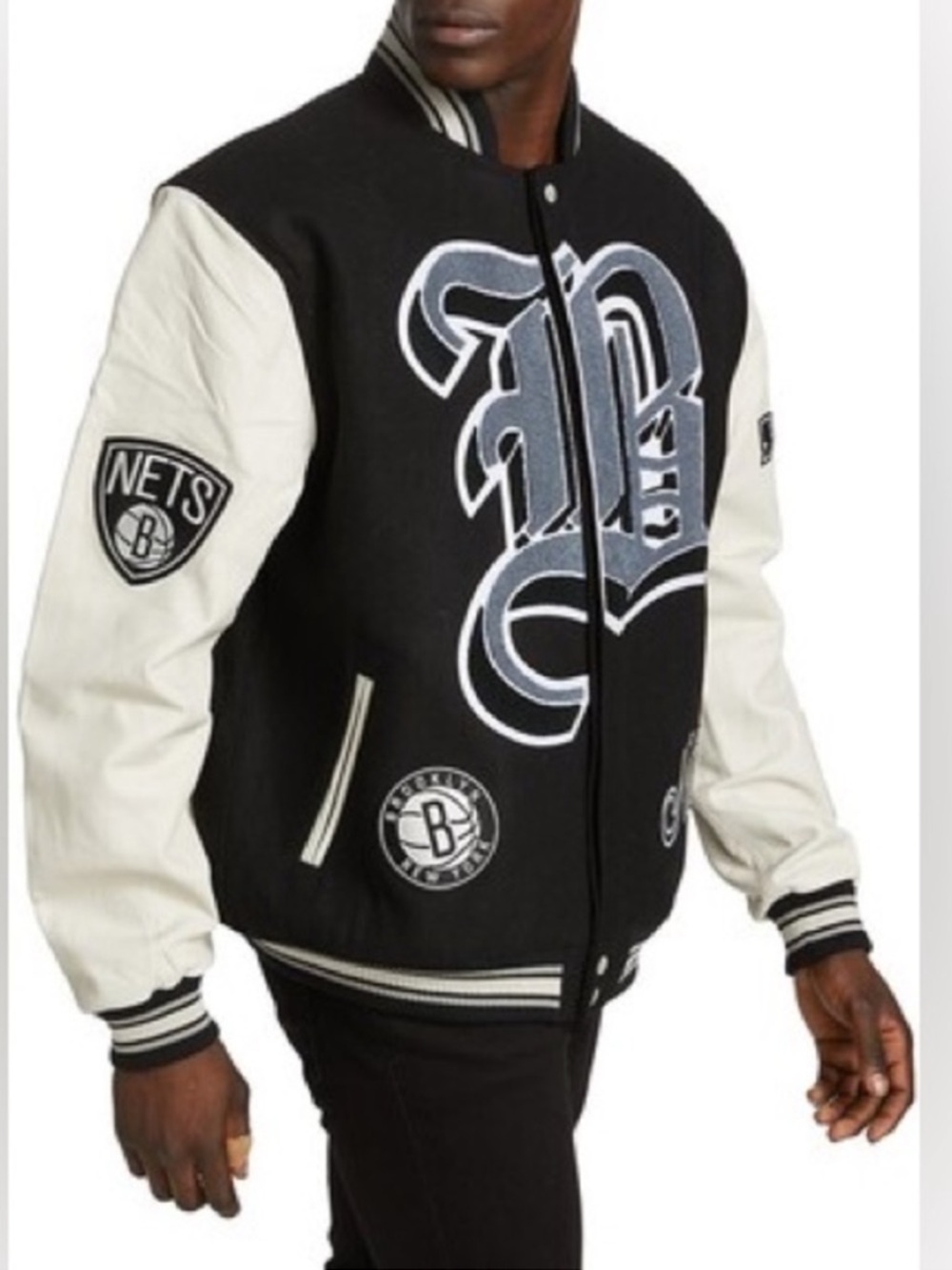 Jeff Hamilton Brooklyn Nets Wool & Leather Varsity Jacket and Garment Bag